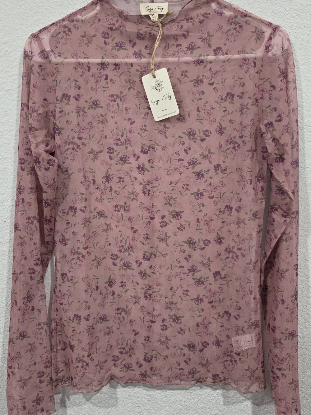Sheer Long-Sleeve Floral Mesh Top - Pink